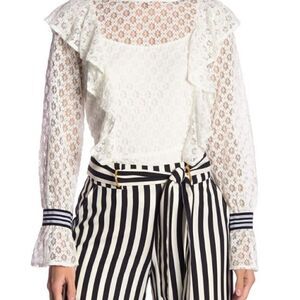 KENSIE WHITE LACE RUFFLED LONG SLEEVE BLOUSE TOP SIZE MEDIUM